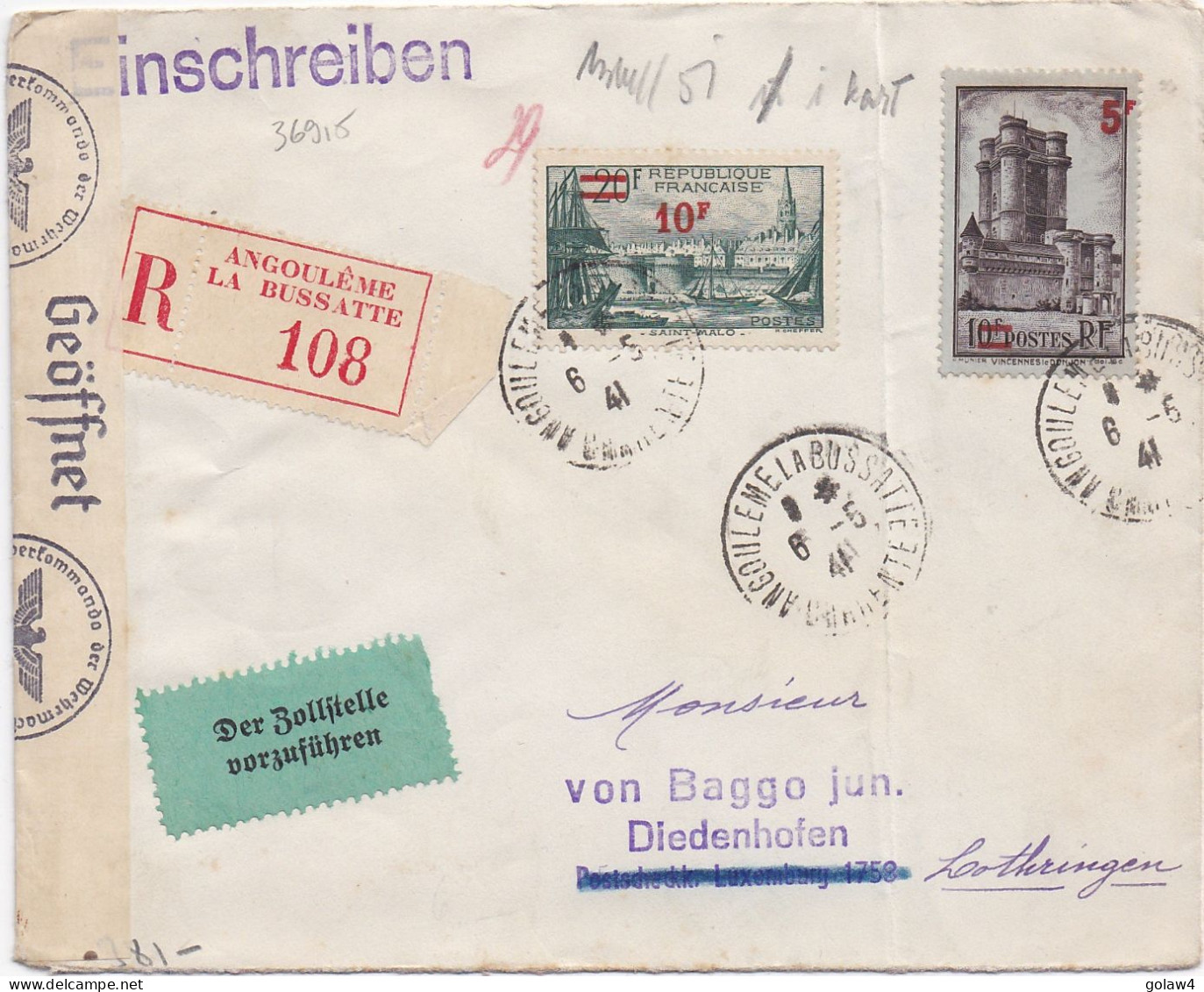 36915# LETTRE CENSURE ALLEMANDE ZENSUR RECOMMANDE DOUANE Obl ANGOULEME BUSSATTE CHARENTE 1941 THIONVILLE MOSELLE - Storia Postale