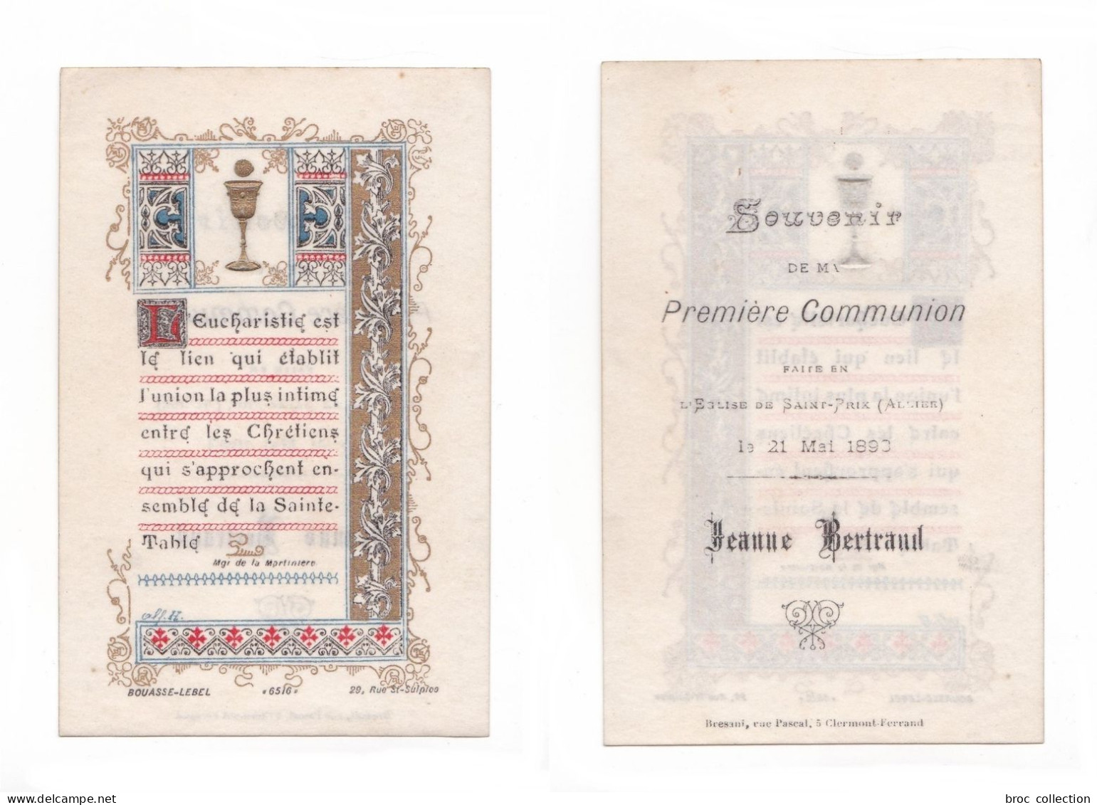 Saint-Prix, 03, 1re Communion De Jeanne Bertrand, 1893, Enluminure Citation Mgr De La Martinière, éd. Bouasse-Lebel 6516 - Andachtsbilder