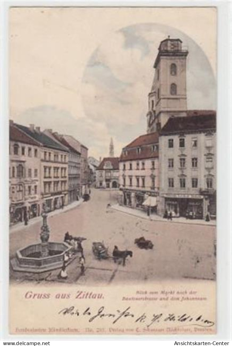 39084506 - Zittau.  Ein Blick Vom Markt Nach Der Bautznerstrasse Johanneum Gelaufen, 1901. Ecken Mit Albumabdruecken, L - Zittau