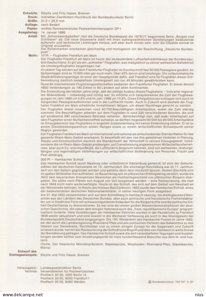 Germany Deutschland 1988-1 Sehenswürdigkeiten Hambacher Schloss, Flughafen Frankurt, Canceled In Berlin - 1981-1990