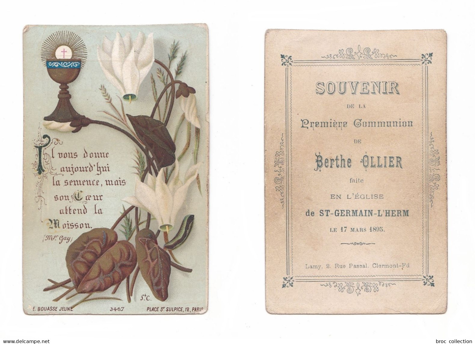 Saint-Germain-l'Herm, 1re Communion De Berthe Ollier, 1895, Citation Mgr Gay Et Fleurs, éd. E. Bouasse Jeune 3467 - Imágenes Religiosas