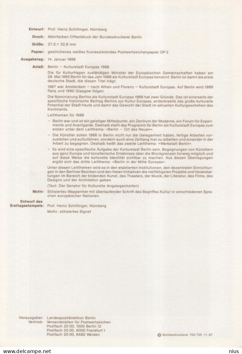 Germany Deutschland 1988-02 Berlin - Kulturstadt Europas, European Cultural City, Bear, Canceled In Berlin - 1981-1990