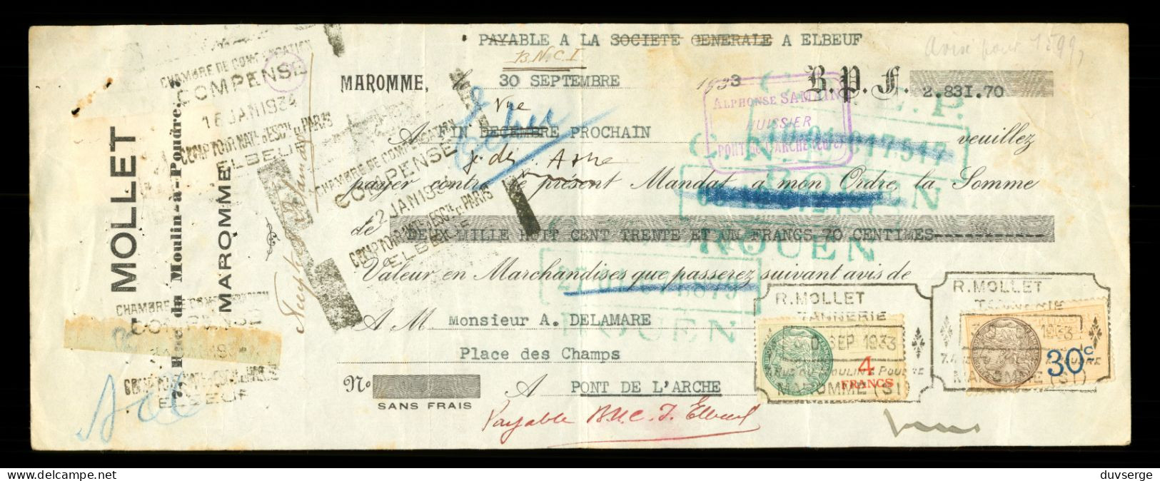 76 Seine Maritime Maromme Mollet Tannerie 1933 Mandat Bancaire Avec Timbres Fiscaux - Schecks  Und Reiseschecks