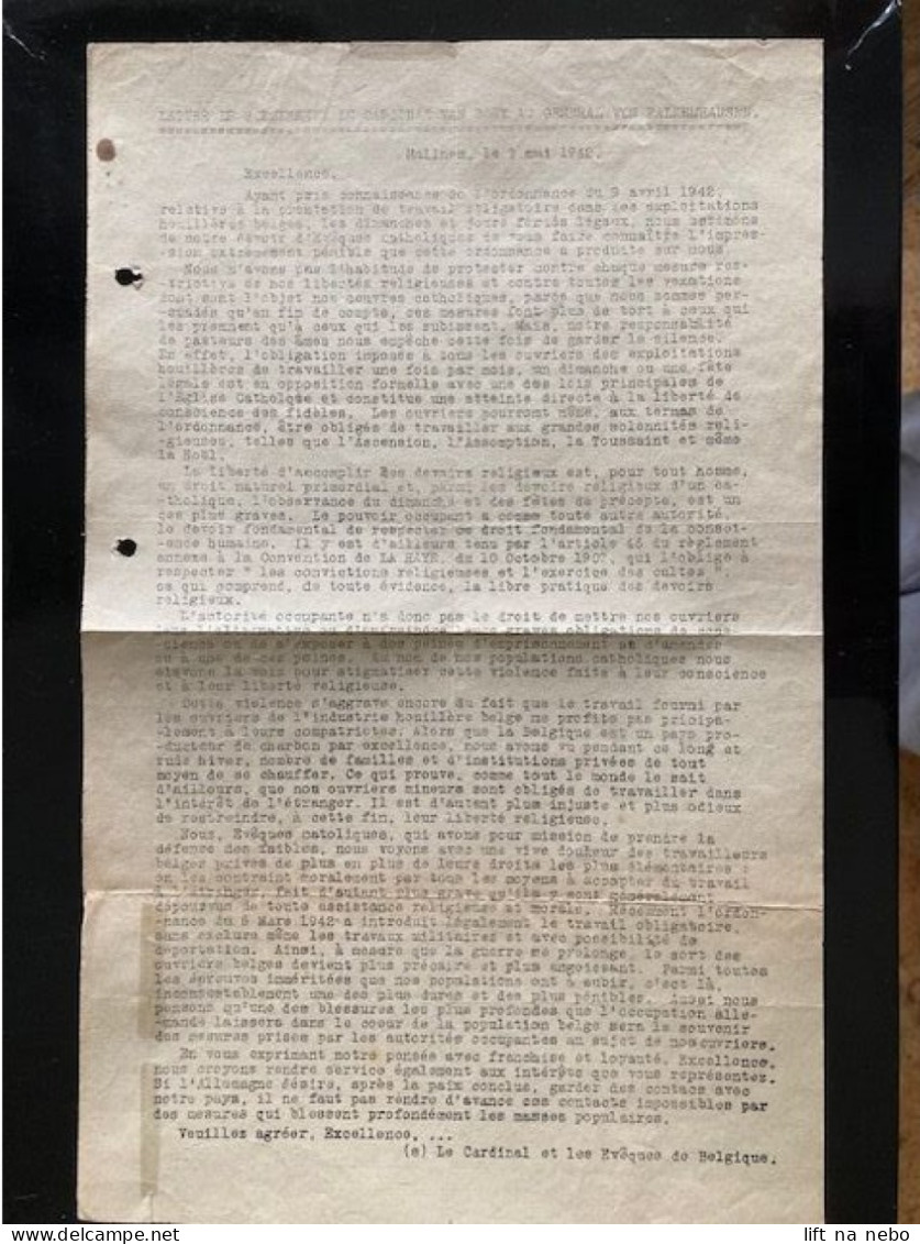 Tract Presse Clandestine Résistance Belge WWII WW2 'Lettre De S.Eminens Le Cardinal Van Roey Au General Von... - Documentos