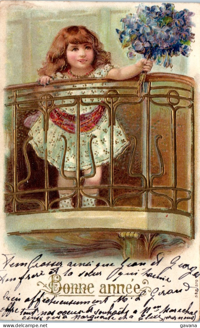 Bonne Année - Petite Fille Au Balcon - Carte Gaufrée - Año Nuevo