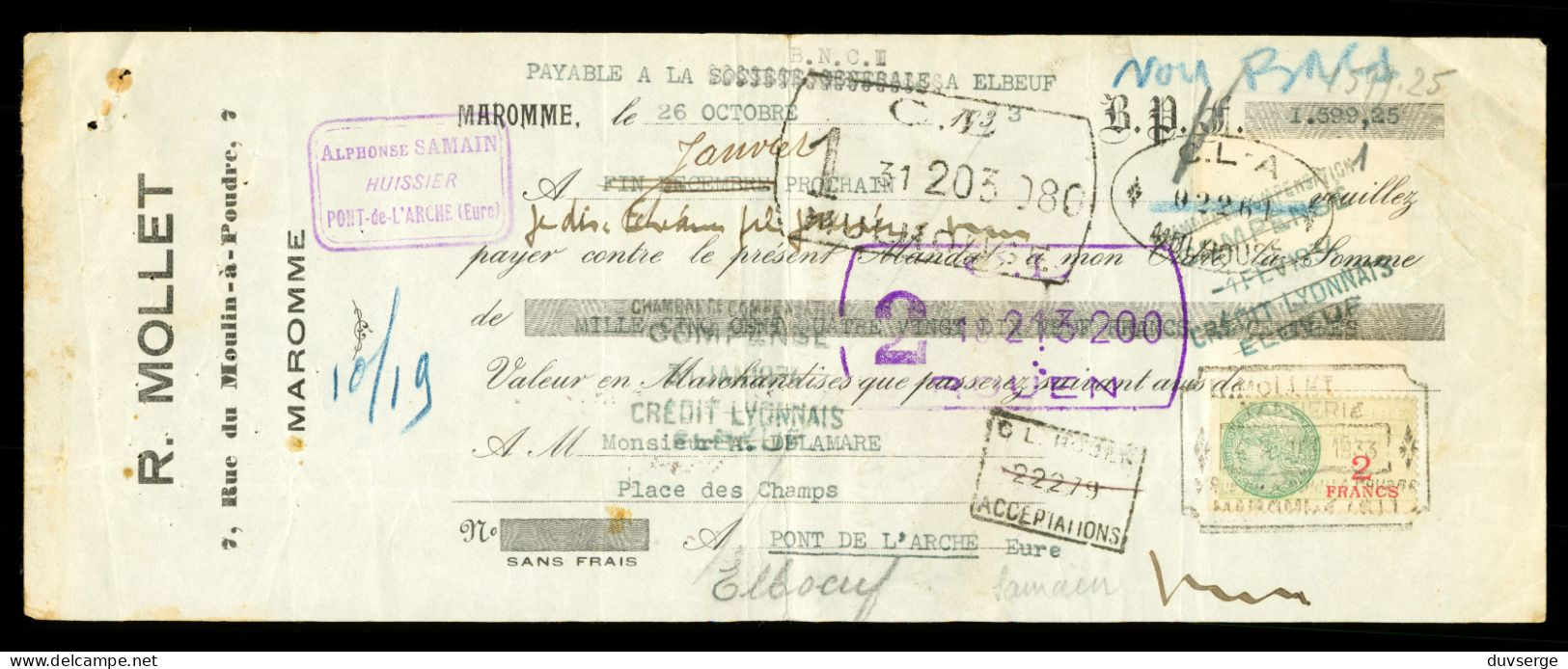 76 Seine Maritime Maromme Mollet Tannerie 1933 Mandat Bancaire Avec Timbres Fiscaux - Cheques & Traveler's Cheques