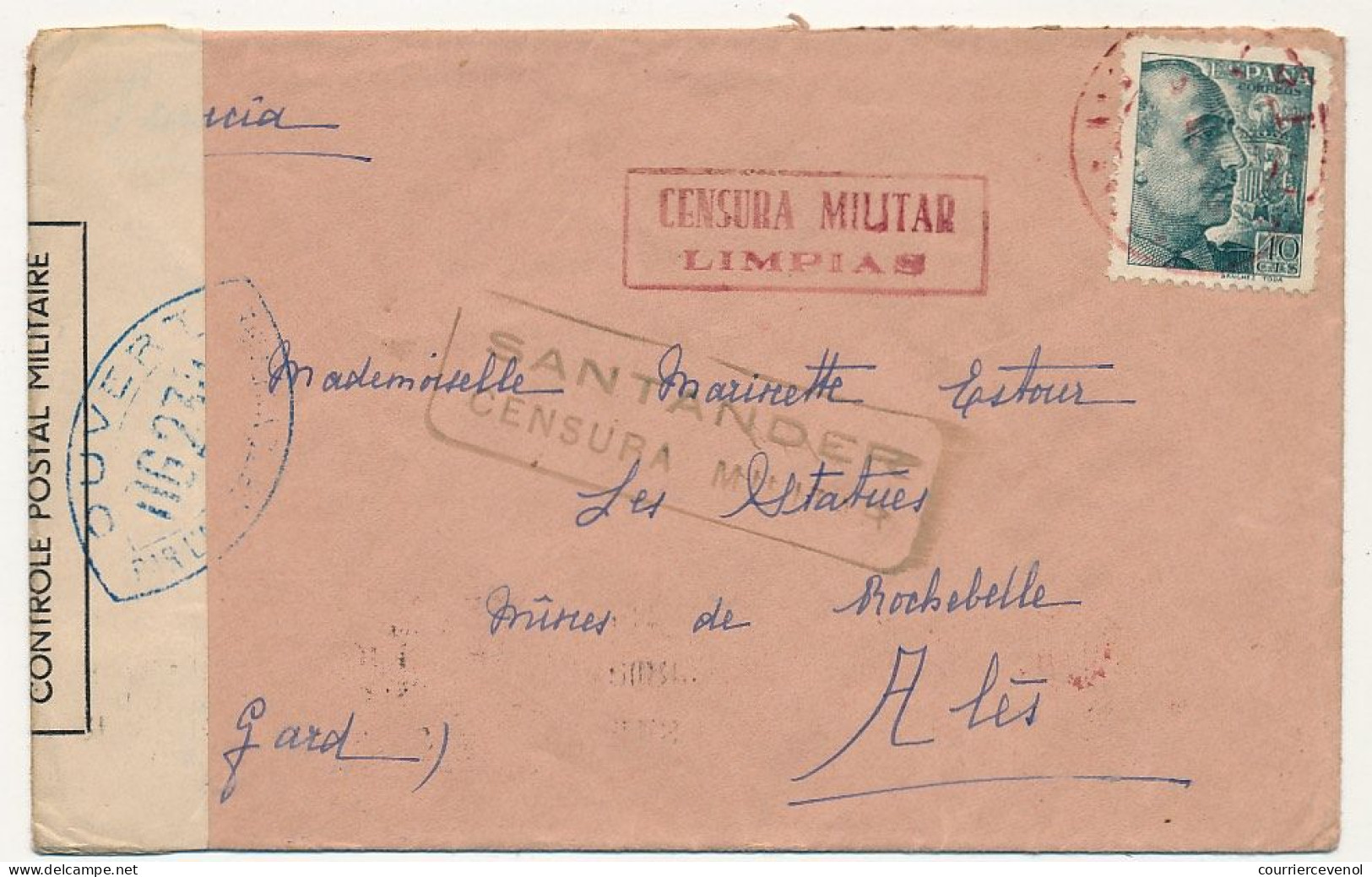 Enveloppe 1939 - Triple Censure "Censura Militar LIMPIAS" + Id SANTANDER + Contrôle Postal Militaire OG230 - Cartas & Documentos