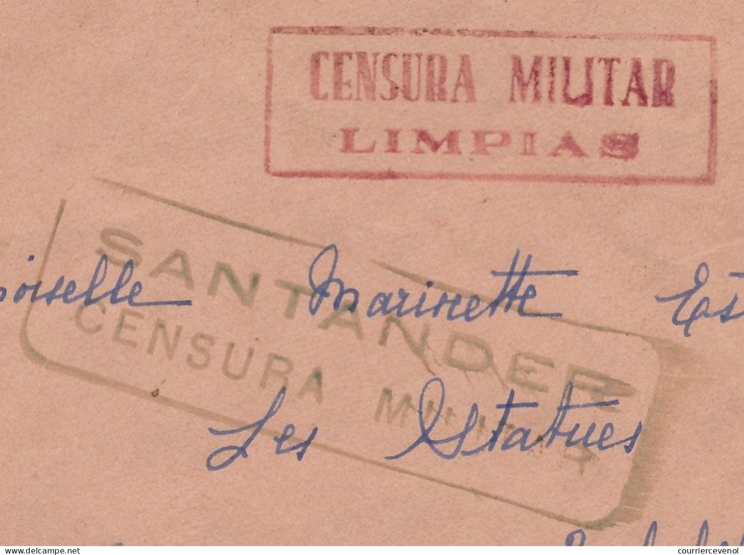 Enveloppe 1939 - Triple Censure "Censura Militar LIMPIAS" + Id SANTANDER + Contrôle Postal Militaire OG230 - Covers & Documents
