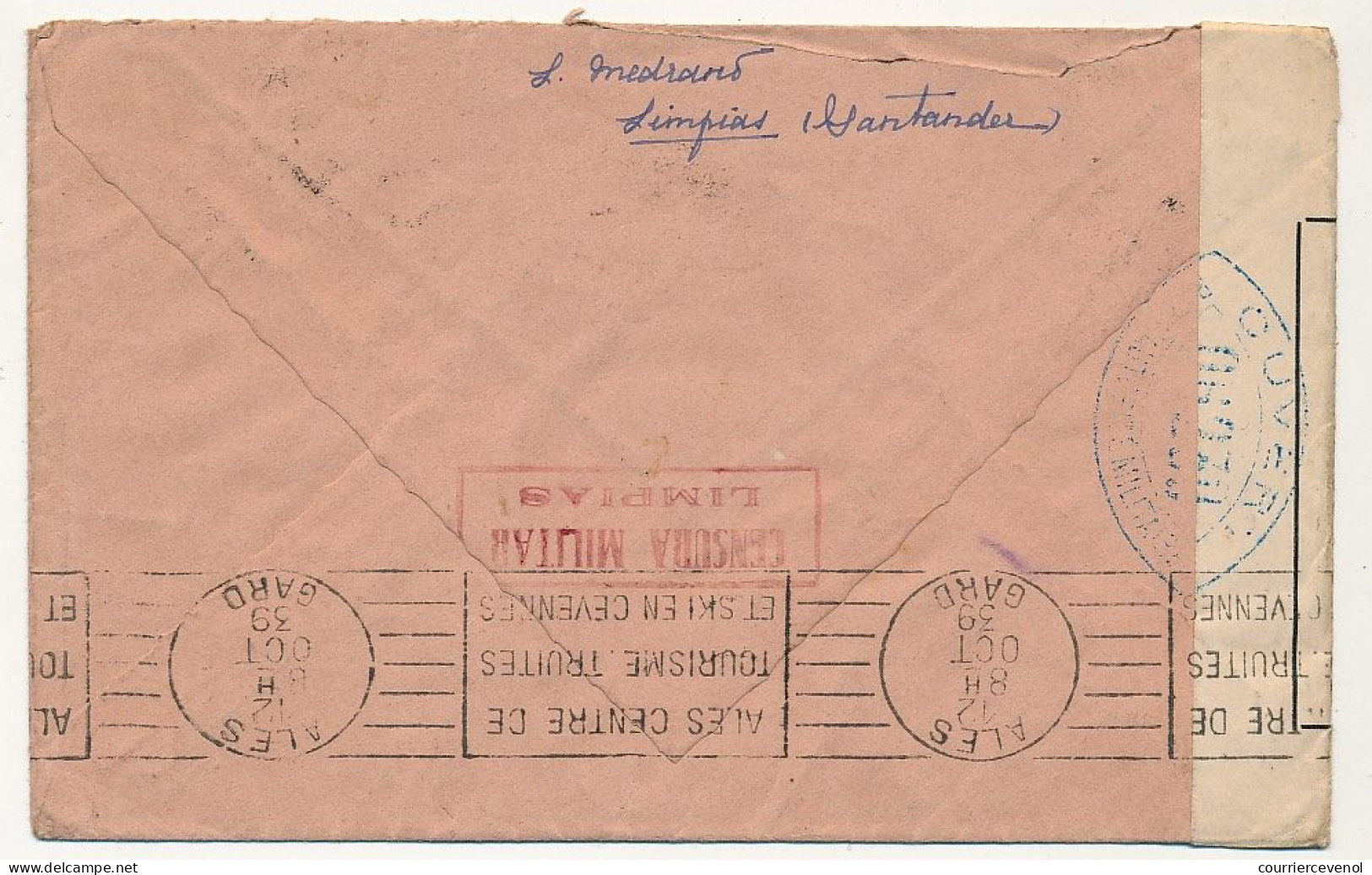 Enveloppe 1939 - Triple Censure "Censura Militar LIMPIAS" + Id SANTANDER + Contrôle Postal Militaire OG230 - Briefe U. Dokumente