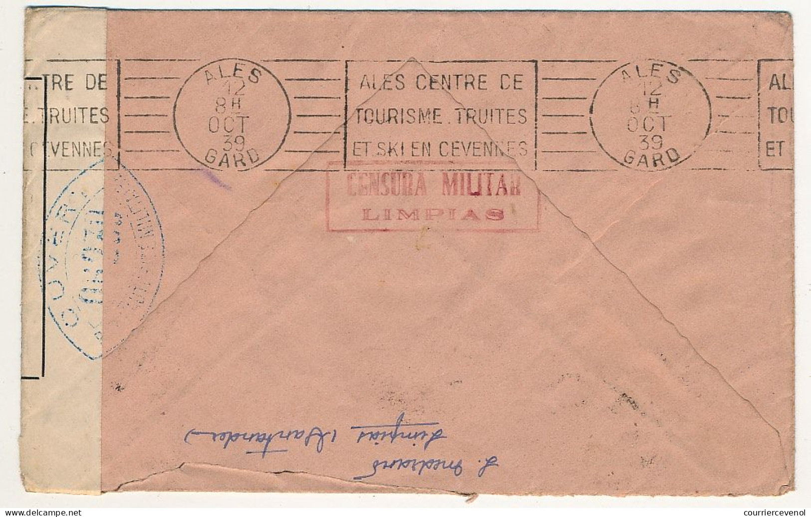 Enveloppe 1939 - Triple Censure "Censura Militar LIMPIAS" + Id SANTANDER + Contrôle Postal Militaire OG230 - Cartas & Documentos