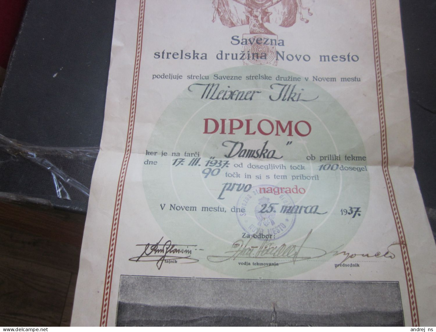 Novo Mesto Diplomo Savezna Strelska Druzina Novo Mesto 1937shooting Team Diploma - Slovenia