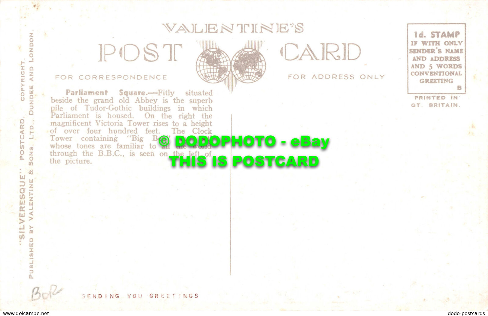 R551722 Parliament Square. London. 82277. Silveresque Postcard. Valentines - Other & Unclassified
