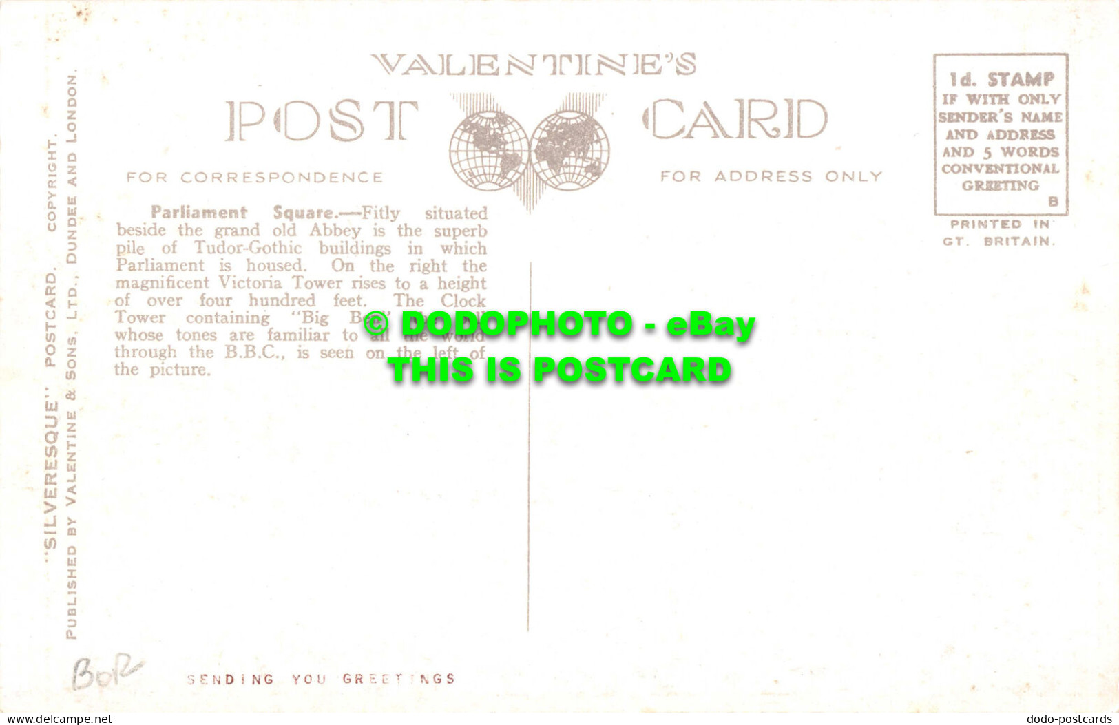 R551722 Parliament Square. London. 82277. Silveresque Postcard. Valentines - Autres & Non Classés