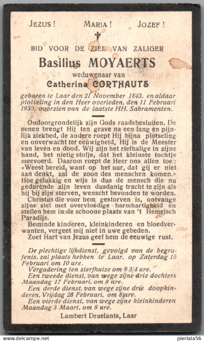 Bidprentje Laar - Moyaerts Basilius (1843-1930) Vlekken - Imágenes Religiosas