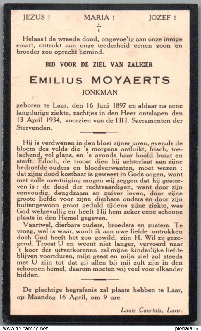 Bidprentje Laar - Moyaerts Emilius (1897-1934) - Santini