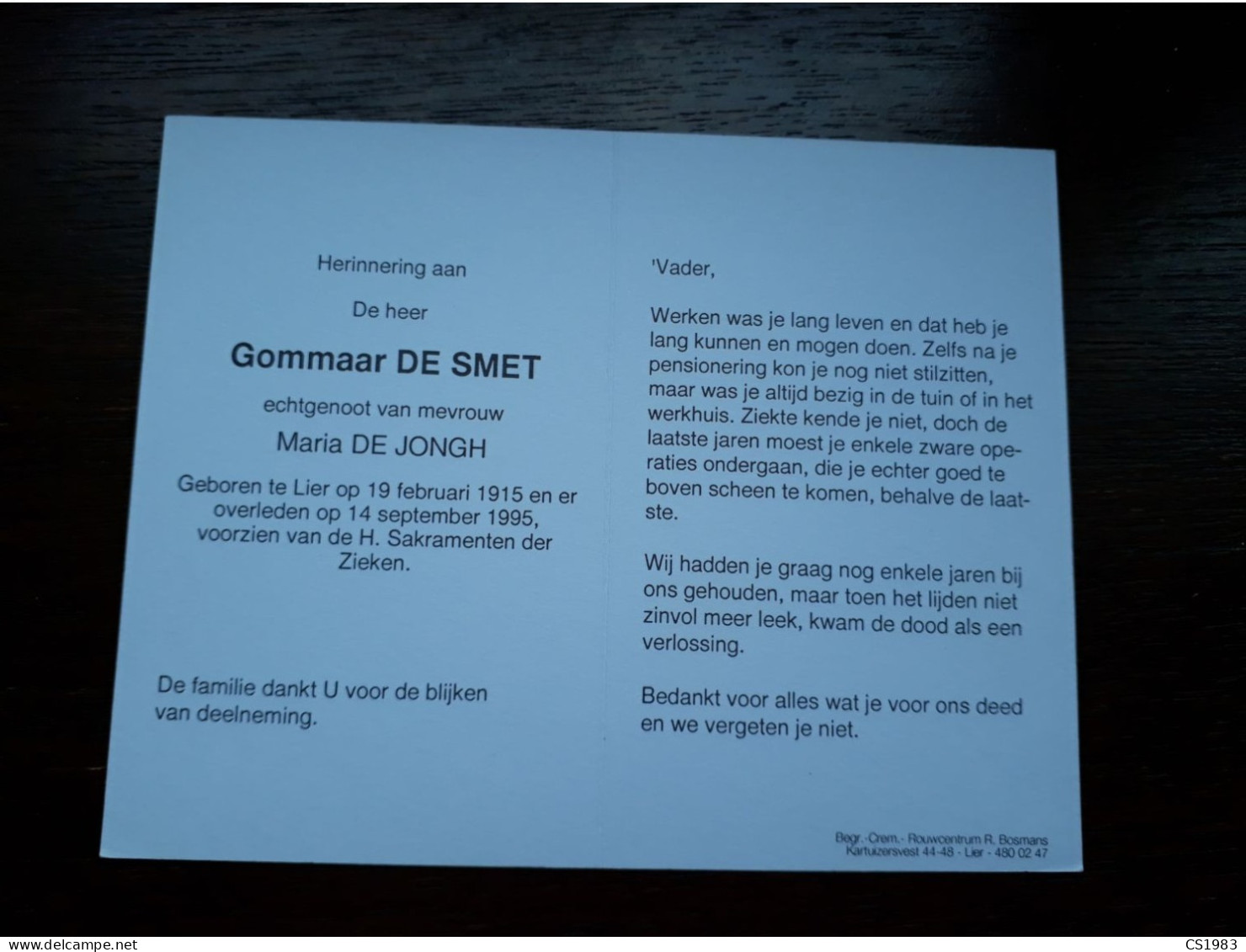 Gommaar De Smet ° Lier 1915 + Lier 1995 X Maria De Jongh - Décès