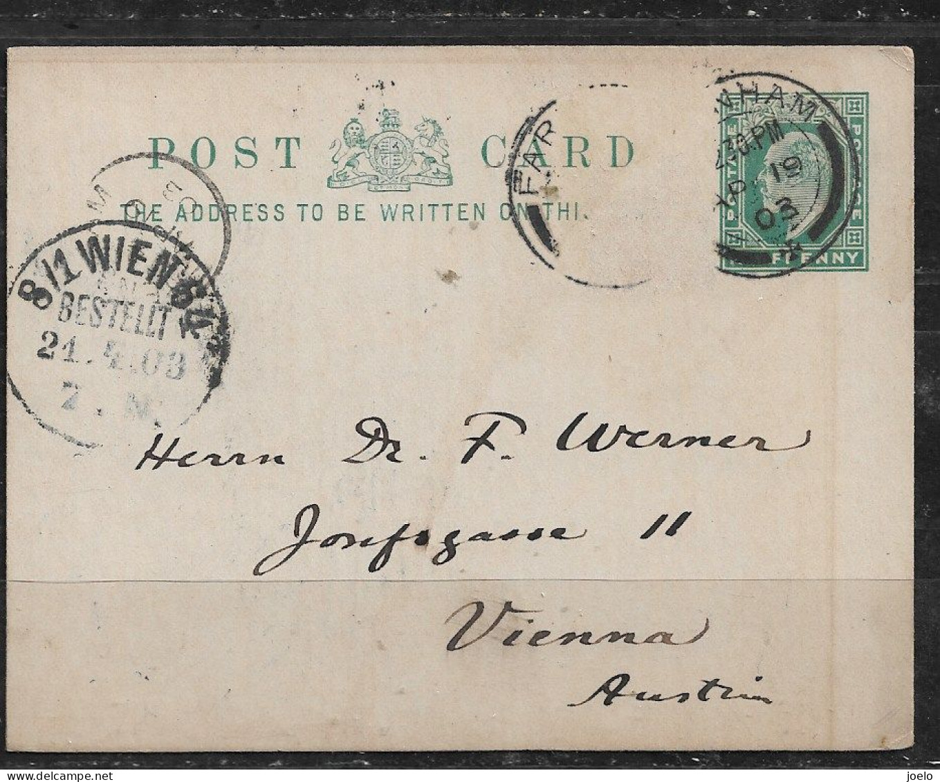 GB 1908 KE Vll REPLY PAID HALFPENNY FROM FARNHAM TO VIENNA - Lettres & Documents