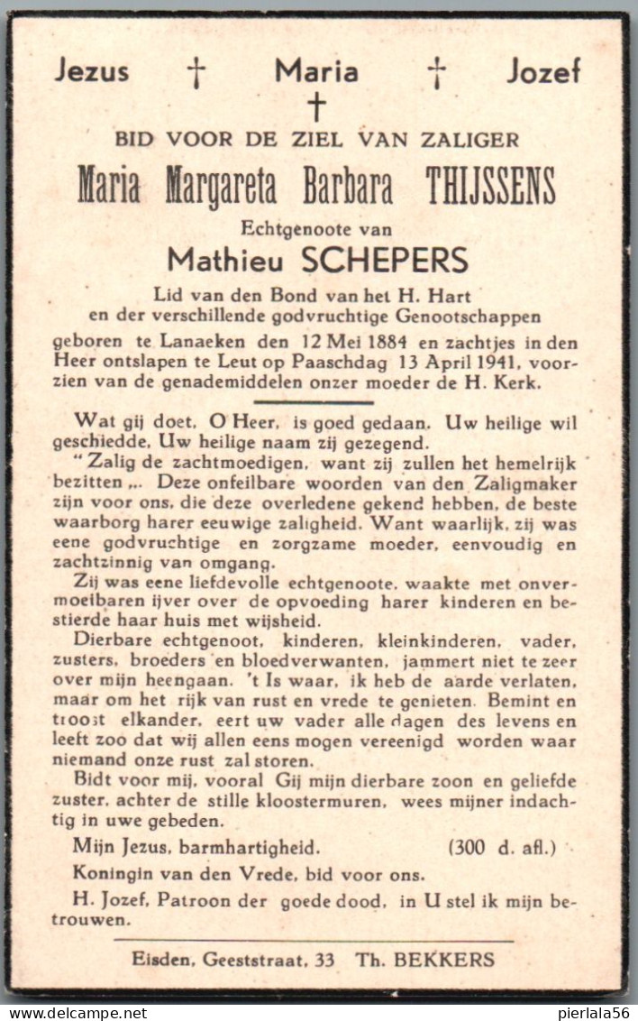 Bidprentje Lanaken - Thijssens Maria Margareta Barbara (1884-1941) - Devotieprenten