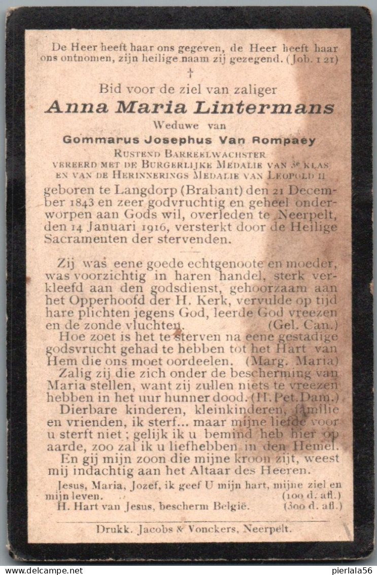 Bidprentje Langdorp - Lintermans Anna Maria (1843-1916) Vlek - Imágenes Religiosas