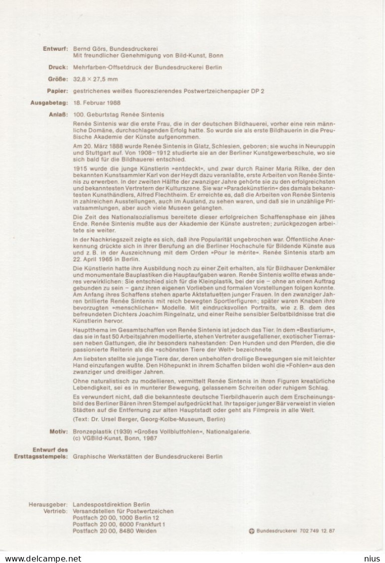 Germany Deutschland 1988-05 100th Birthday Of Renée Sintenis, German Sculptor, Horse, Canceled In Berlin - 1981-1990