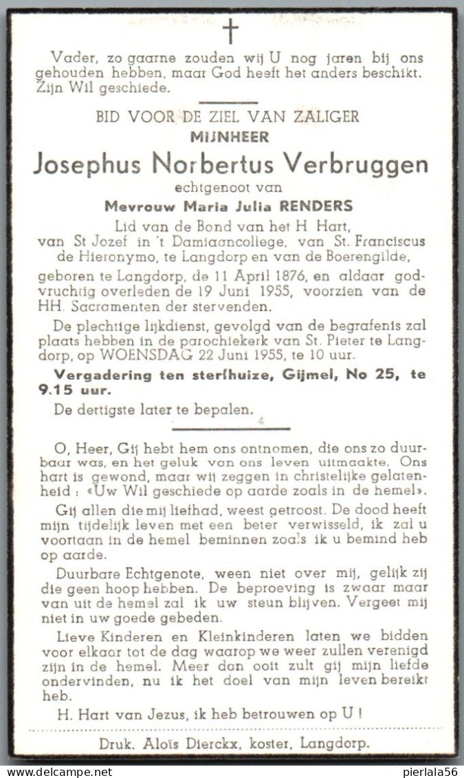 Bidprentje Langdorp - Verbruggen Josephus Norbertus (1876-1955) - Imágenes Religiosas