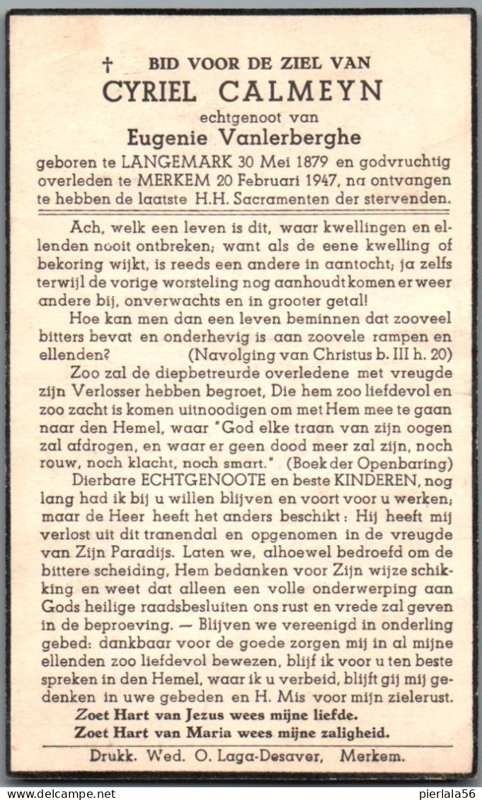 Bidprentje Langemark - Calmeyn Cyriel (1879-1947) - Imágenes Religiosas