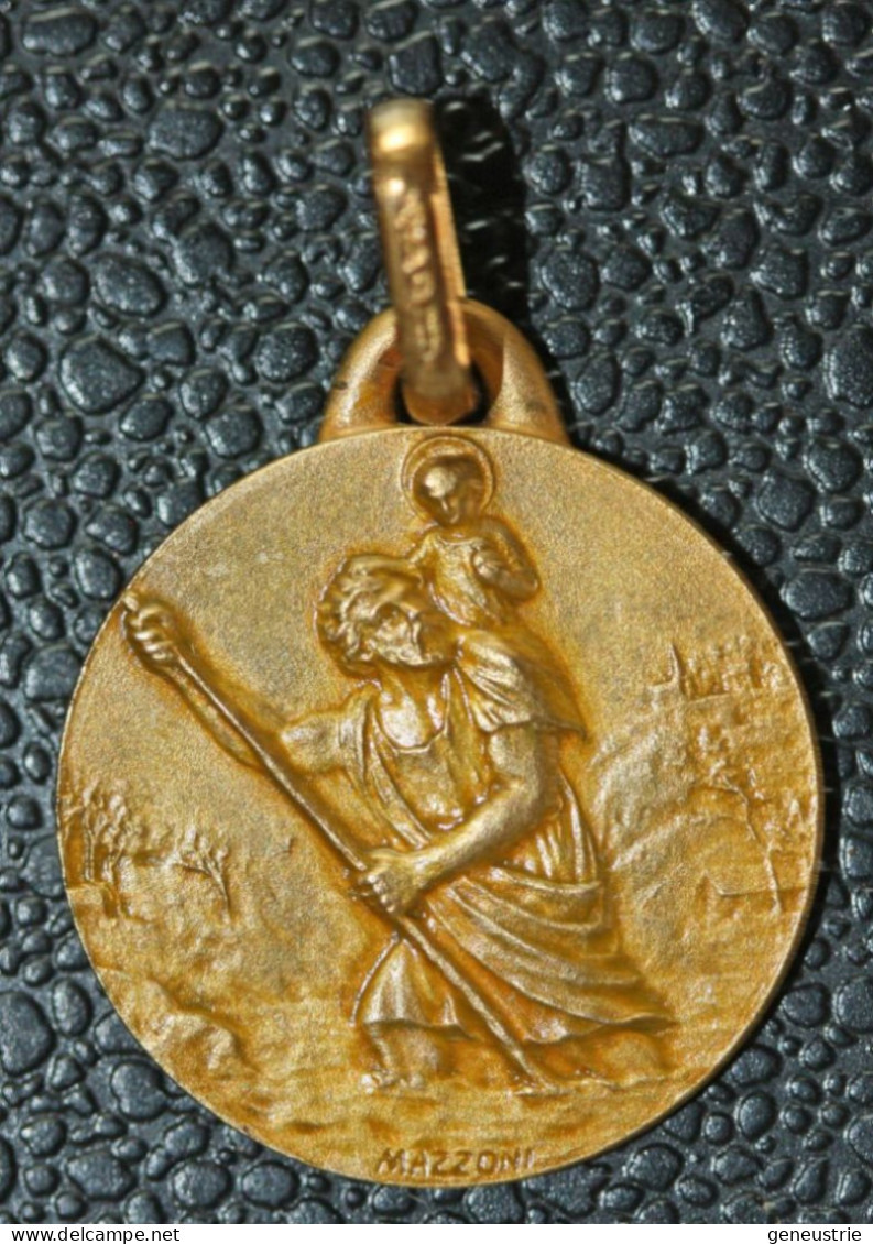 Beau Pendentif Médaille Religieuse Plaqué Or "Saint Christophe" Graveur : Mazzoni - Religion & Esotérisme