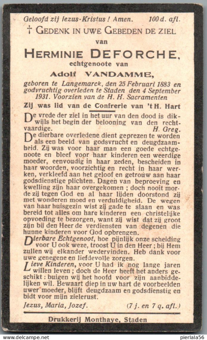 Bidprentje Langemark - Deforche Herminie (1883-1931) - Imágenes Religiosas