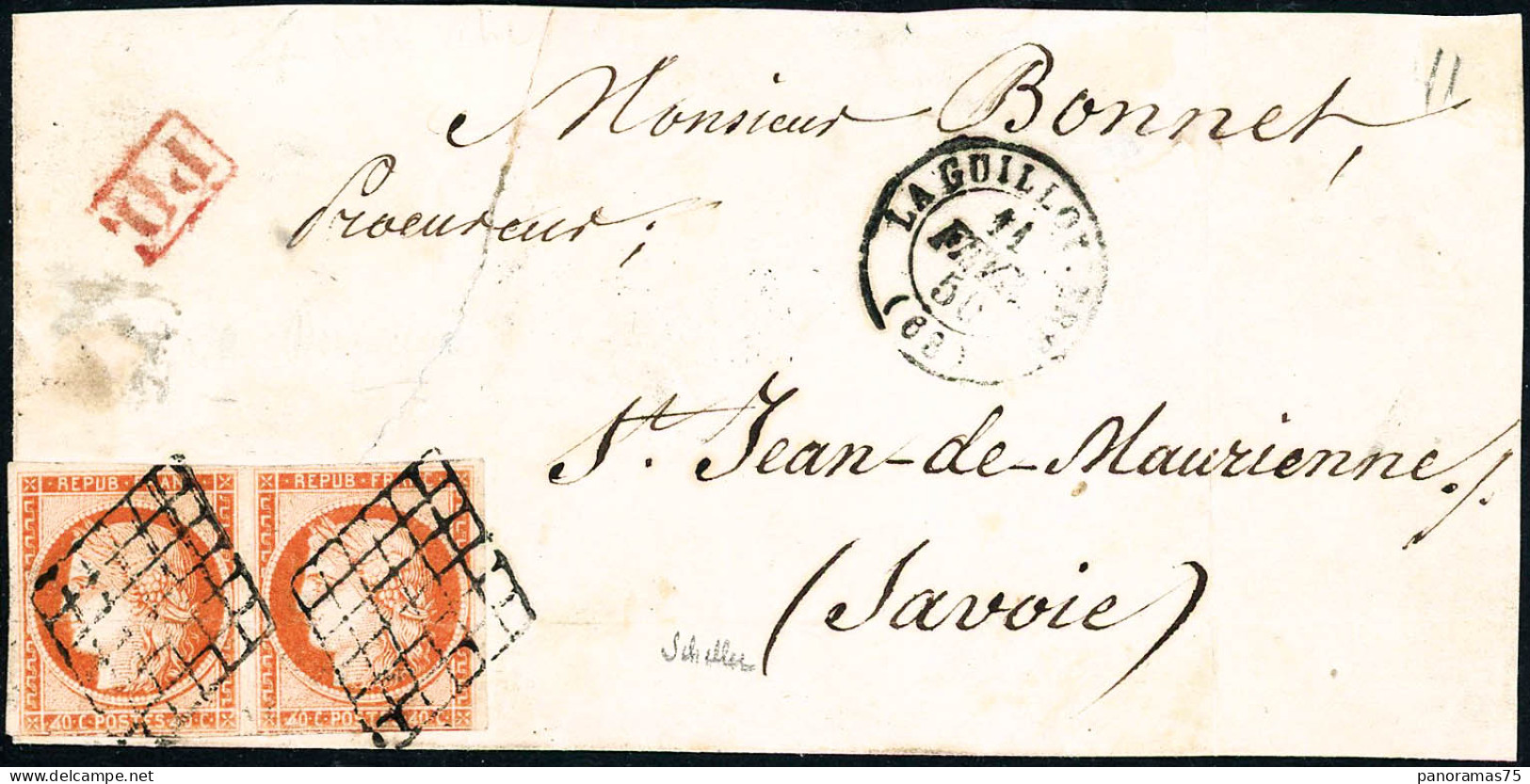 Lettre N°5F 40c Orange, Paire Des Deux 4 Retouchés Sur Devant De Lettre Adressé En Savoie, Signé Scheller, Qualité Stand - 1849-1850 Cérès