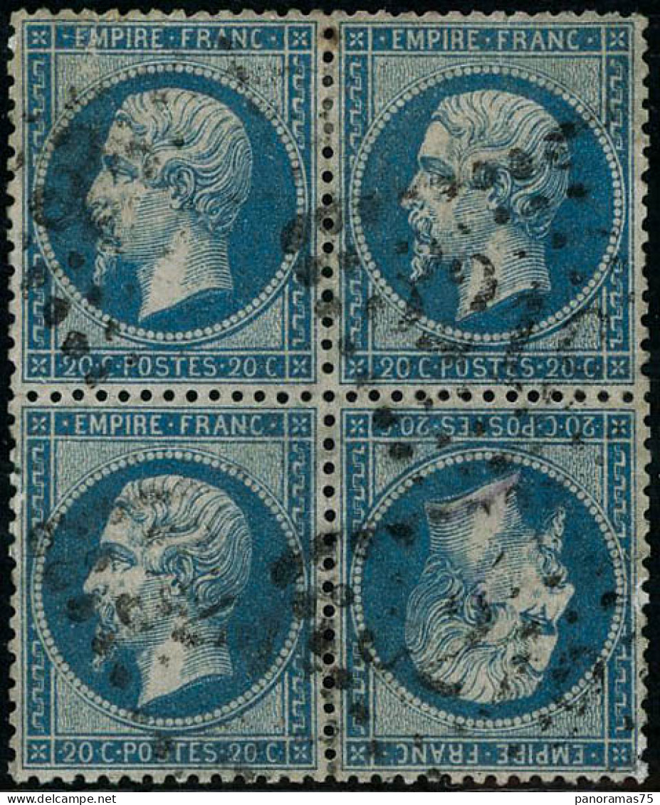 Obl. N°22 20c Bleu, Tète-bèche Dans Un Bloc De 4 - TB - 1862 Napoléon III.