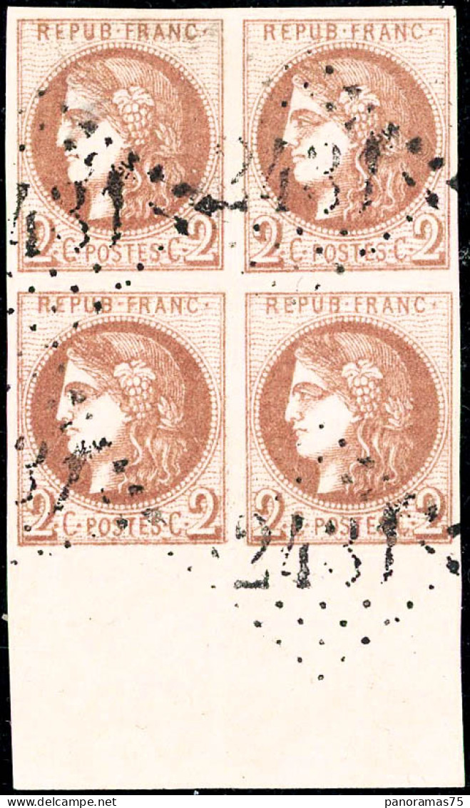Obl. N°40B 2c Brun-rouge R2, Bloc De 4 Infime Froissure Verticale Dans Le Bord De Feuille, Signé Calves, RARE - TB - 1870 Emissione Di Bordeaux