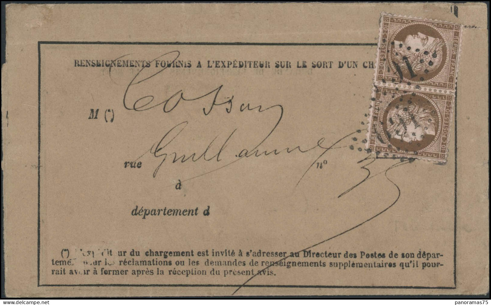 Lettre N°58c 10c Bruns/rose, Paire Tête-bèche Obl GC891 Sur Avis Cachet D'arrivée Au Verso - TB - 1871-1875 Ceres