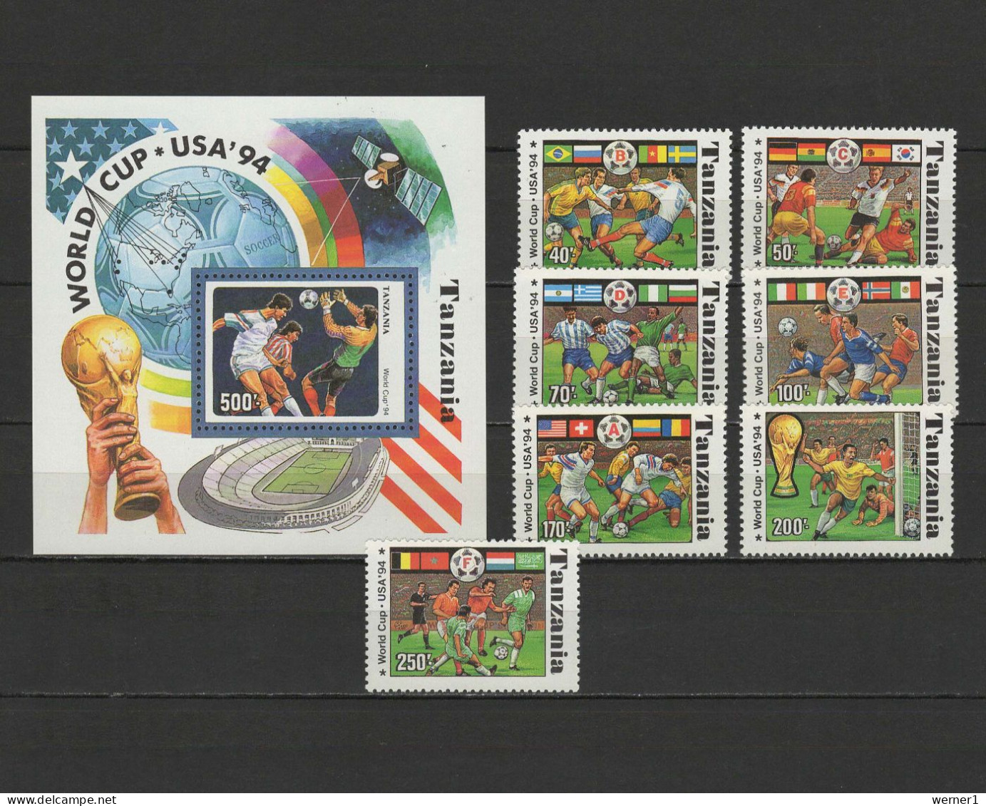 Tanzania 1994 Football Soccer World Cup, Space Set Of 7 + S/s MNH - 1994 – Stati Uniti