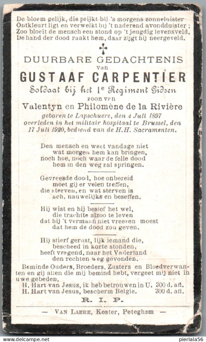 Bidprentje Lapscheure - Carpentier Gustaaf (1897-1920) - Imágenes Religiosas