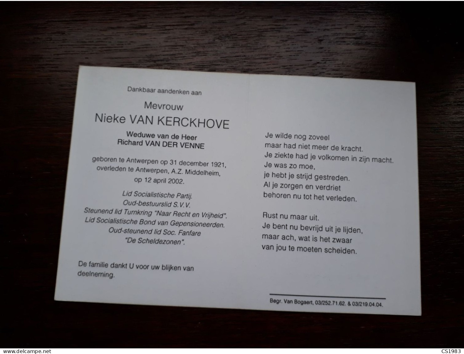 Nieke Van Kerckhove ° Antwerpen 1921 + Antwerpen 2002 X Richard Van Der Venne - Décès