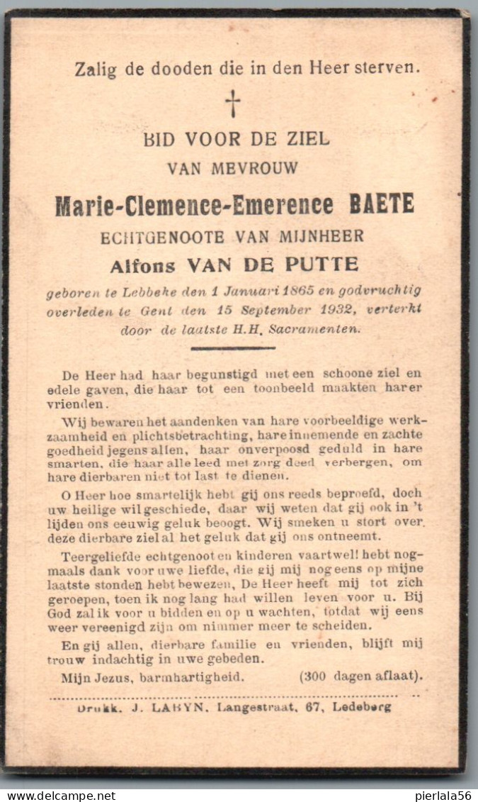 Bidprentje Lebbeke - Baete Marie Clemence Emerence (1865-1932) - Imágenes Religiosas
