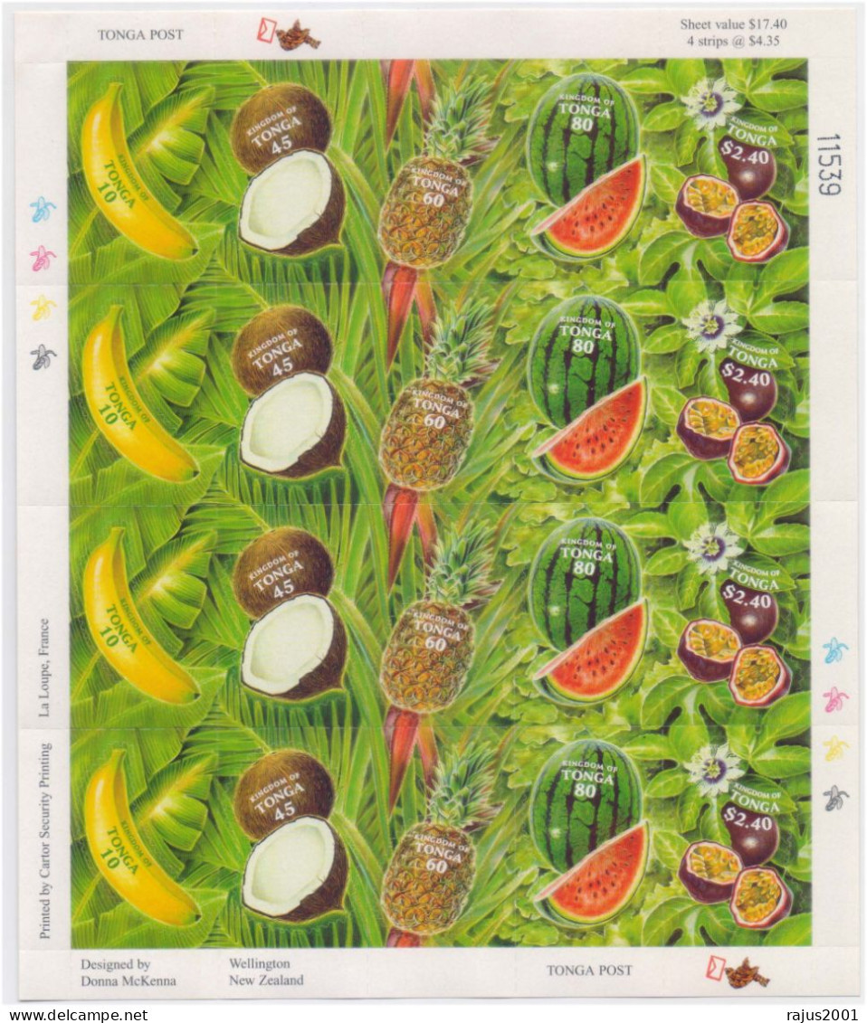 Banana, Coconut, Pineapple, Watermelon, Fruits, Fruit Shape, Food, Odd Shaped UNUSUAL Tonga Self Adhesive Full Sheet MNH - Errores En Los Sellos