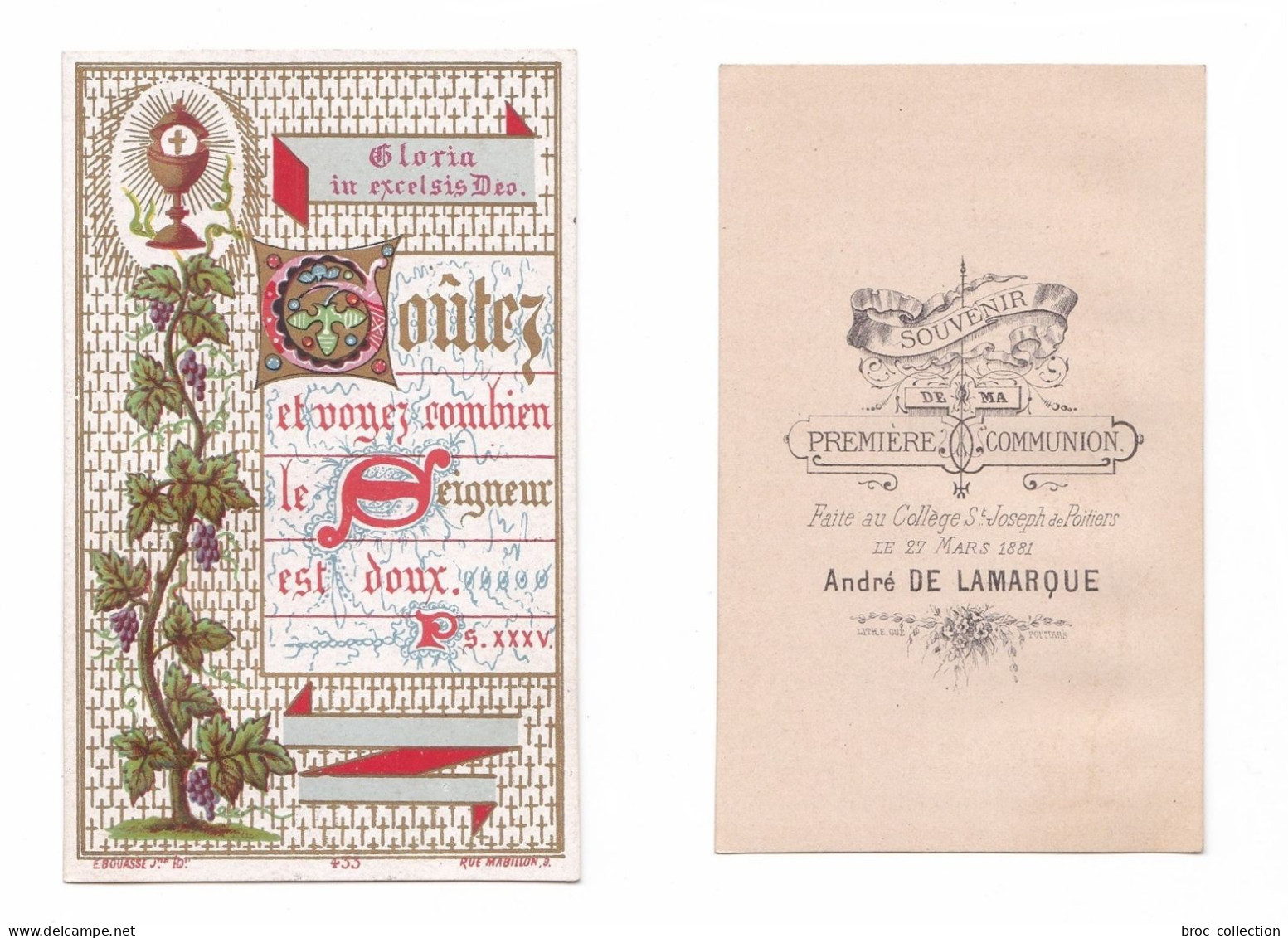 Poitier, 1re Communion D'André De Lamarque, 1881, Collège Saint-Joseph, Enluminure, Vigne, E. Bouasse Jne 433 - Andachtsbilder