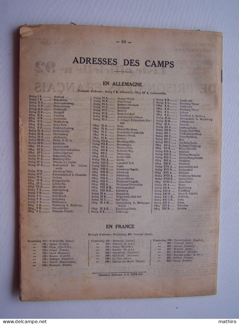 Liste Officielle De Prisonniers Français , N° 92, 19 Avril 1941 - 1939-45