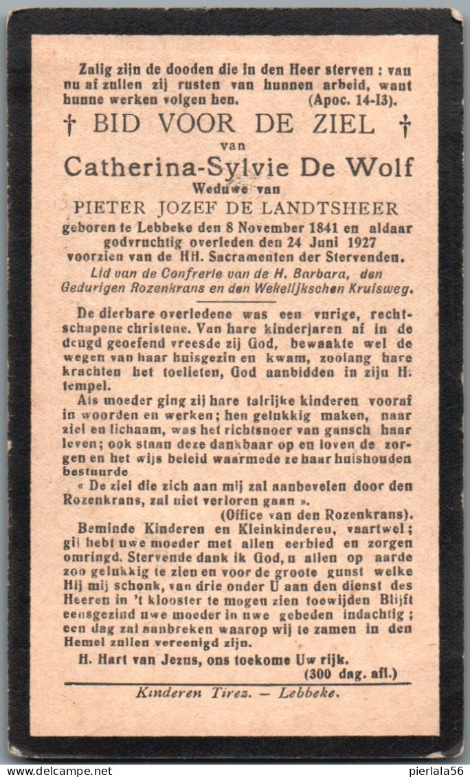 Bidprentje Lebbeke - De Wolf Catherina Sylvie (1841-1927) - Devotieprenten