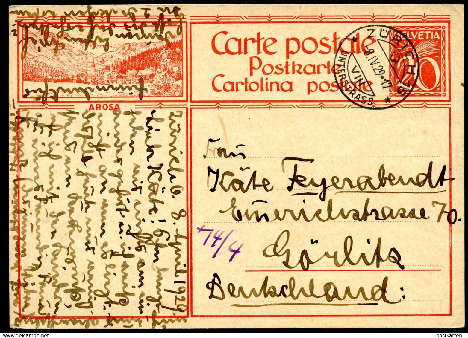 Bild-Postkarte P128-1 AROSA Zürich - Görlitz 1929 Kat.10,00€ - Stamped Stationery