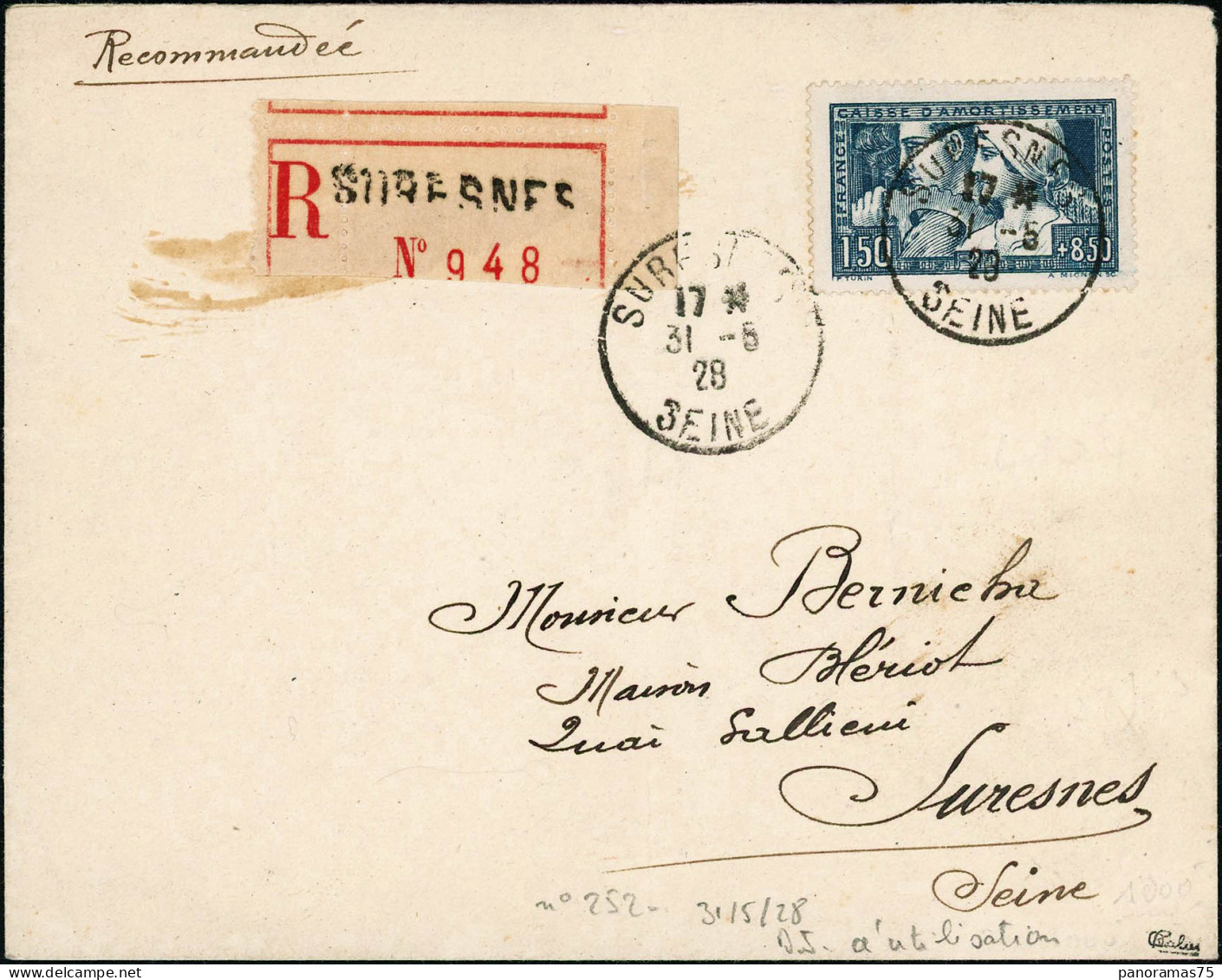 Lettre N°252 1F50 + 8F50 Le Travail S/lettre Recom 31/5/28 - TB - Sonstige & Ohne Zuordnung