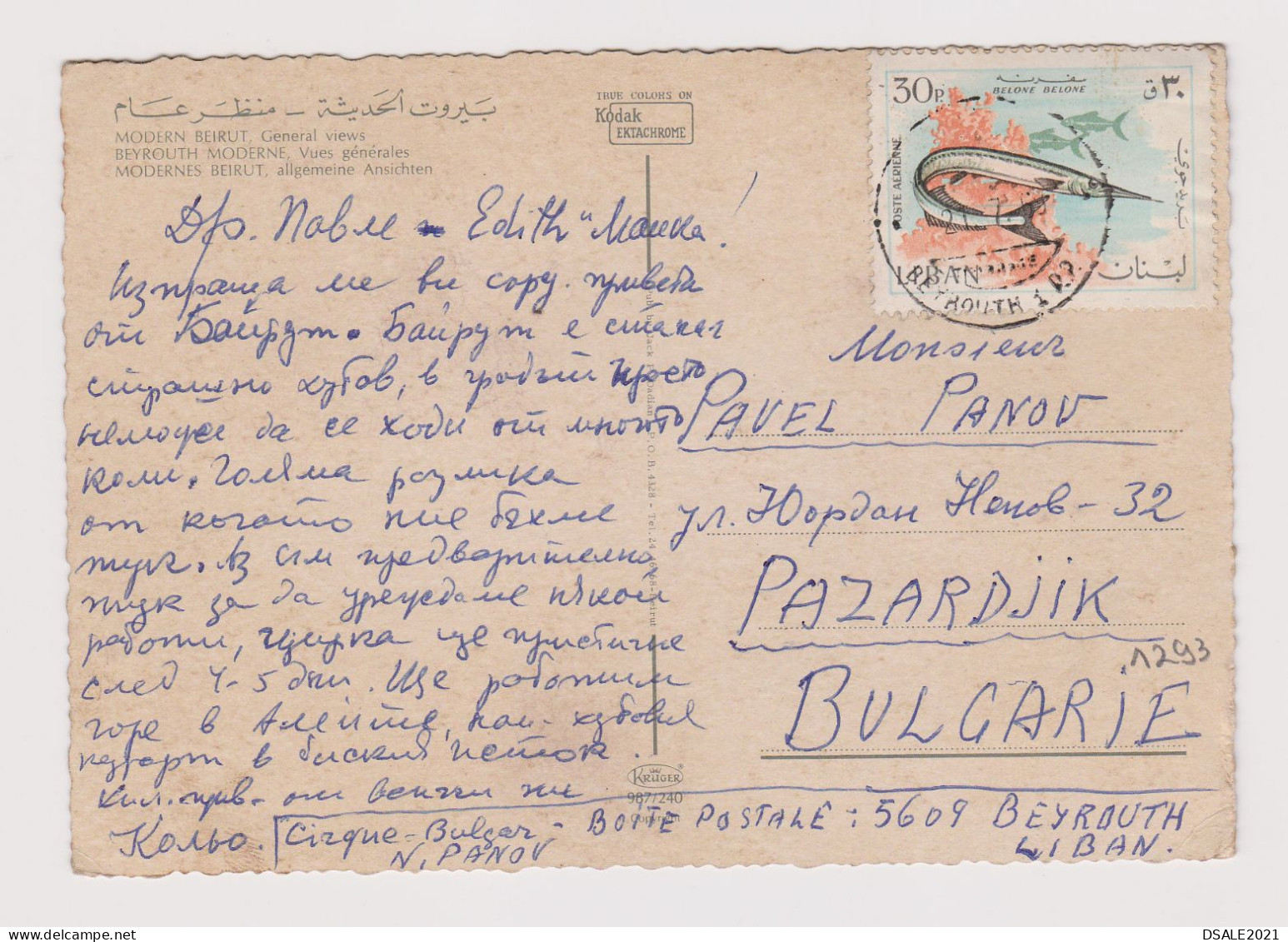 Lebanon BEIRUT Multiple Views, Vintage Photo Postcard W/Topic Stamp Fish 1960s Sent Abroad To Bulgaria (1293) - Lebanon