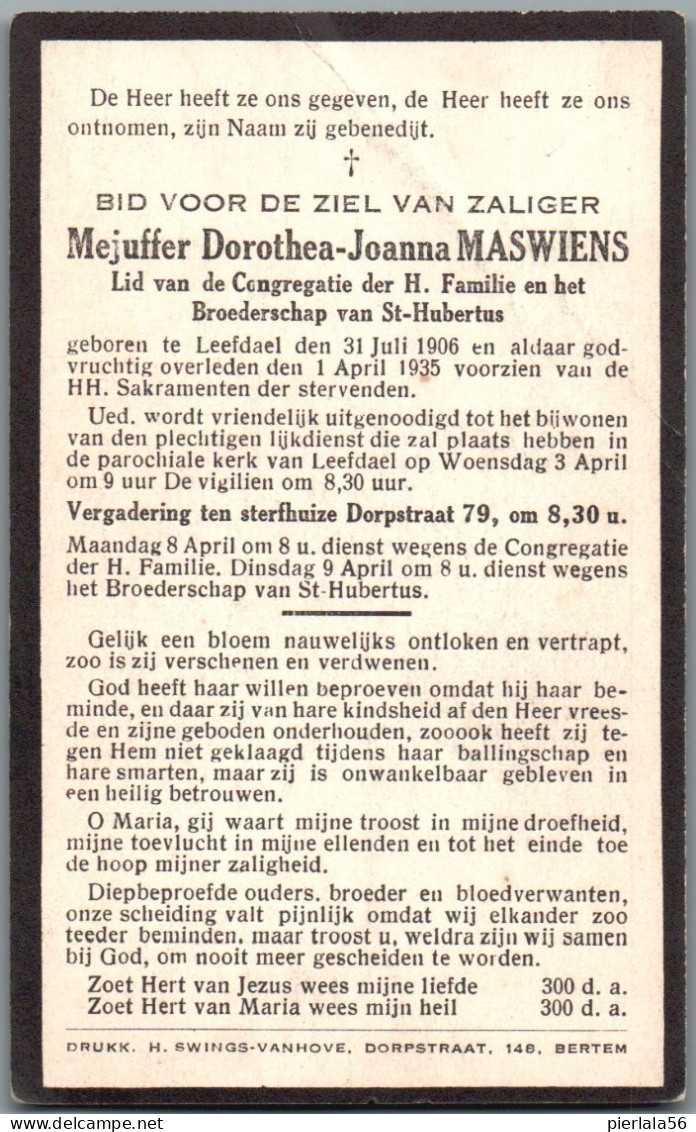 Bidprentje Leefdaal - Maswiens Dorothea Joanna (1906-1935) - Imágenes Religiosas