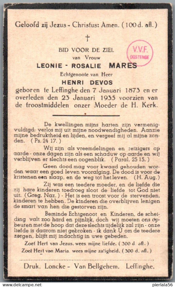 Bidprentje Leffinge - Mares Leonie Rosalie (1873-1935) - Andachtsbilder