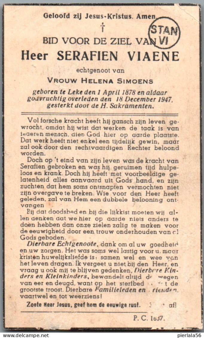 Bidprentje Leke - Viane Serafien (1878-1947) - Imágenes Religiosas