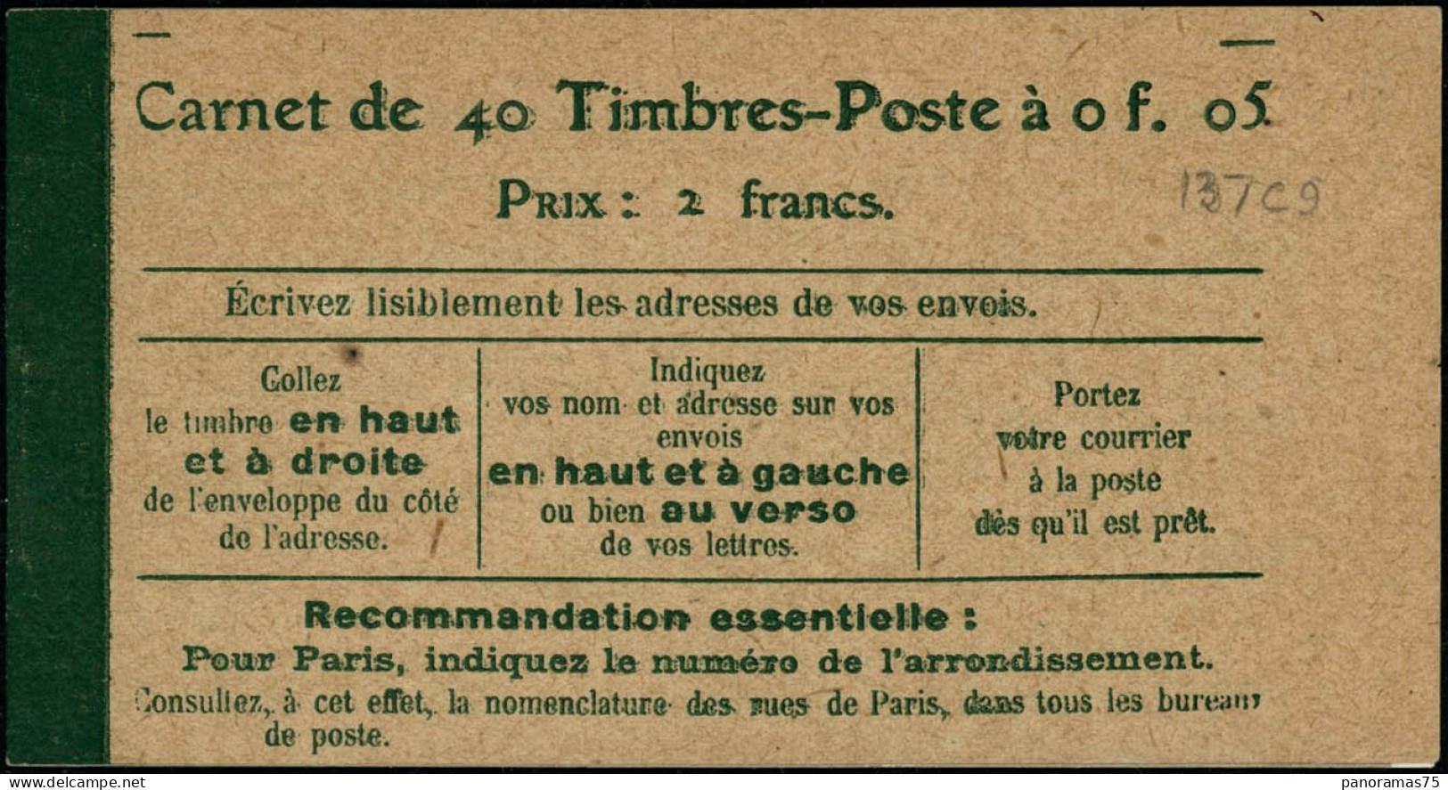 ** N°137-C9 Carnet 5c Camée Loi Du 39 Mars 1920 - TB - Other & Unclassified