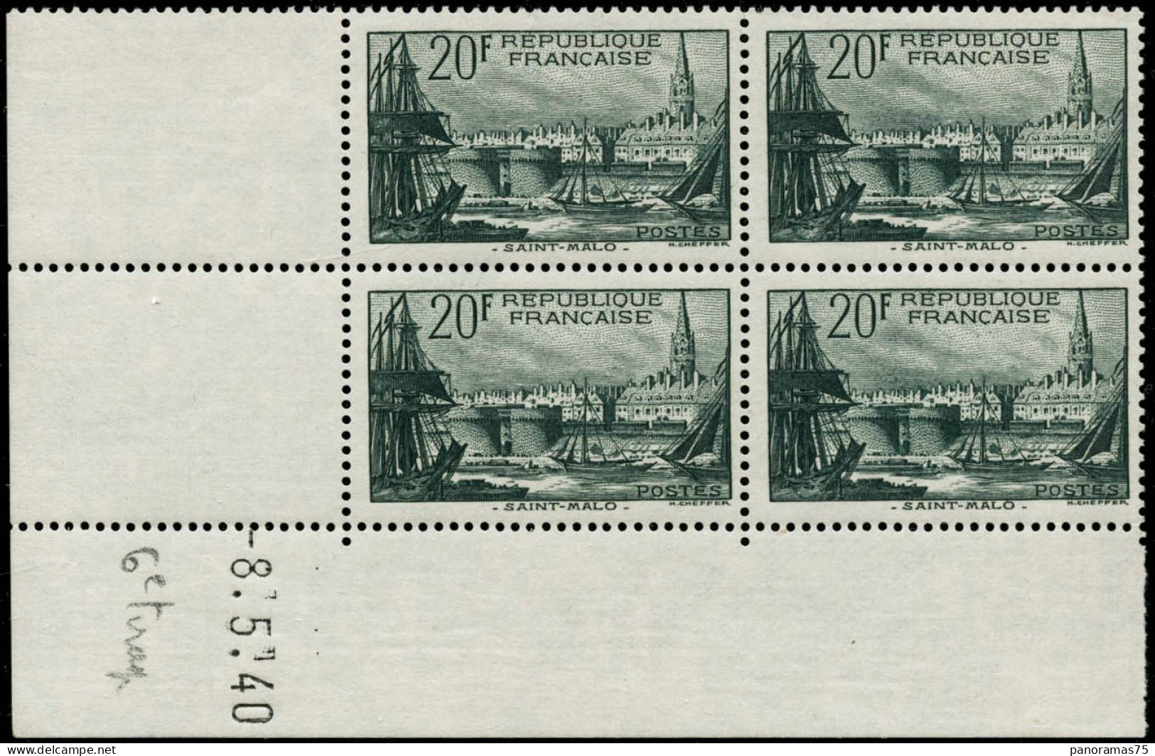 ** N°394 20F Vert, Bloc De 4 CD 8/5/40 - TB - Other & Unclassified