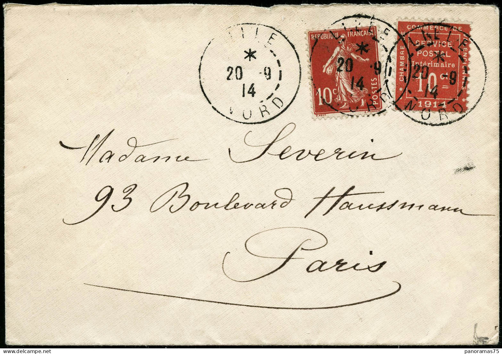 Lettre N°1 10c Vermillon (Valenciennes) Plus 10c Semeuse, Affranchissement Mixte, Lille 20/9/14 - TB - War Stamps
