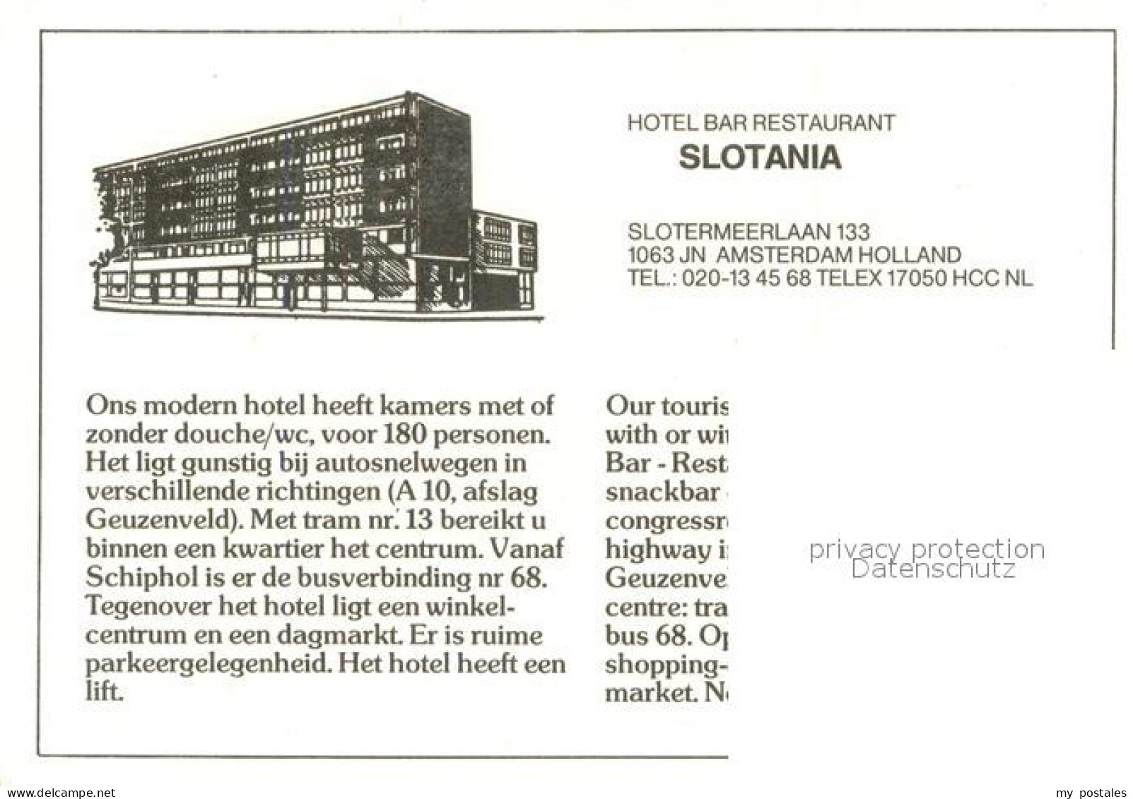 73706840 Amsterdam  NL Hotel Bar Restaurant Slotania  - Autres & Non Classés